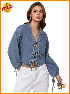 Tie Front Denim Blouse Oversized Lantern Long Sleeve V Neck Top